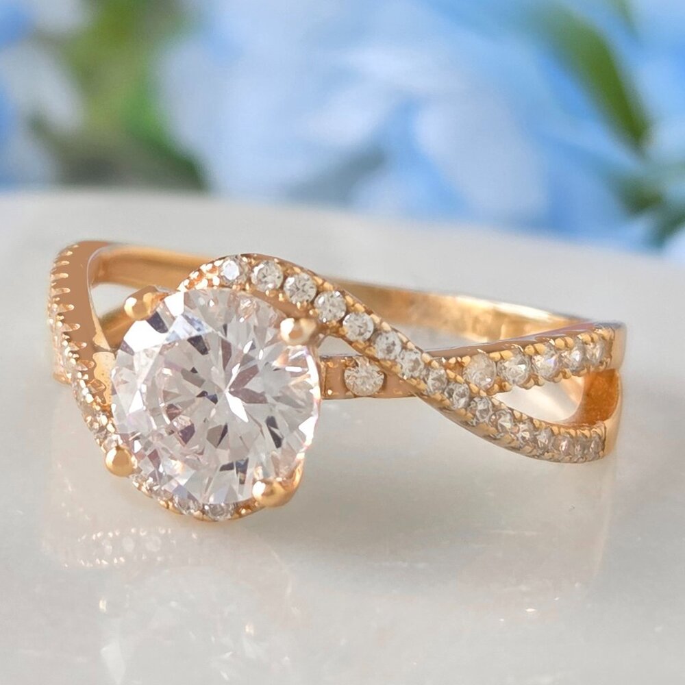 Gold Round CZ ring, Charmed Aroma, 925 Sterling Silver finished in 10k Gold
